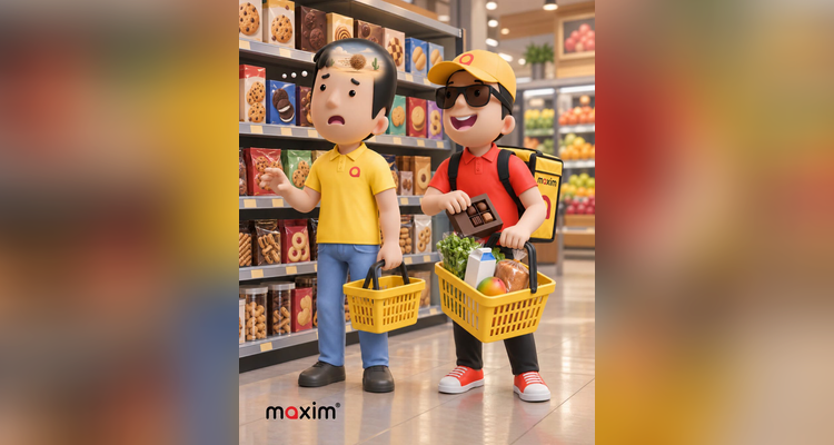 Maxim couriers shopping for groceries with yellow baskets