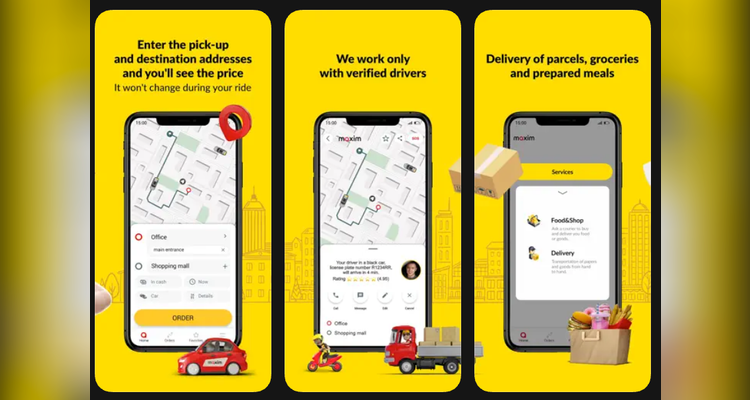 Maxim app screens: enter addresses and see the price, verified drivers, and delivery of parcels and meals