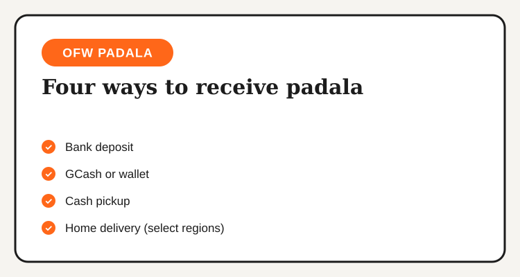 OFW padala options: bank deposit, GCash wallet, cash pickup and home delivery