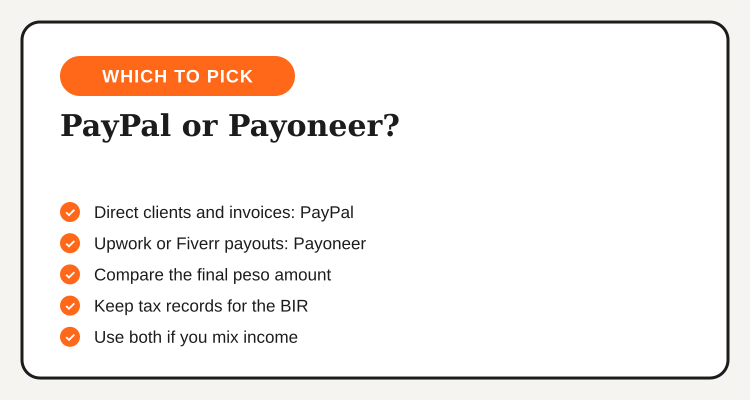 Checklist card showing when to pick PayPal, when to pick Payoneer and when to use both