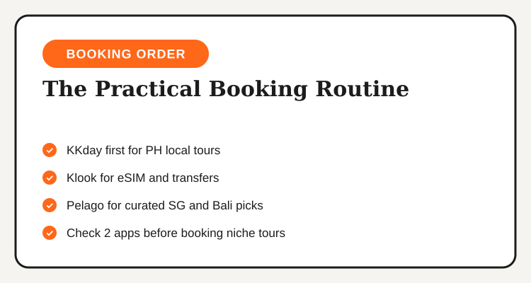 Booking routine checklist: KKday for Philippine local tours, Klook for eSIM and transfers and international attractions, Pelago for curated Singapore and Bali activities