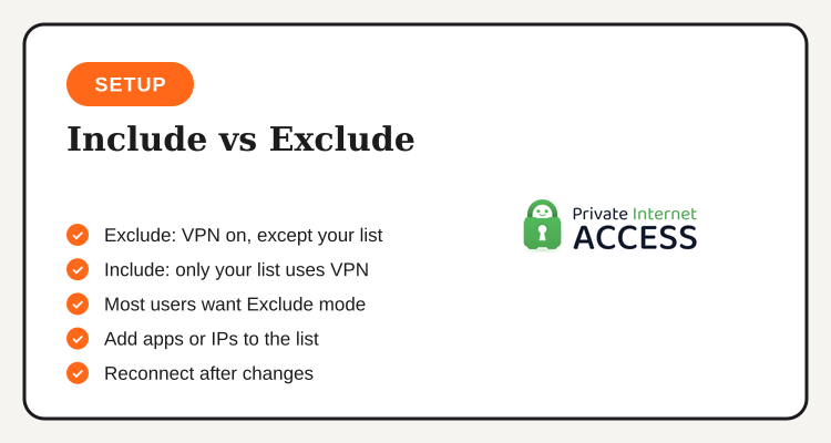 Checklist for choosing between PIA VPN Include mode and Exclude mode