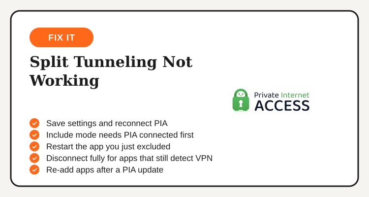 Troubleshooting checklist for PIA VPN split tunneling problems