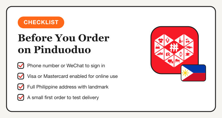 Checklist before ordering on Pinduoduo Philippines with the Pinduoduo logo and Philippine flag