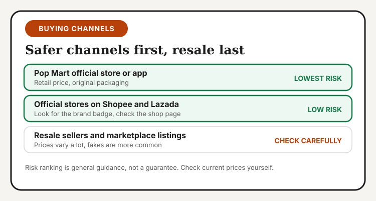 Card ranking Pop Mart channels from lowest risk to check carefully: official store, marketplace official stores, resale sellers