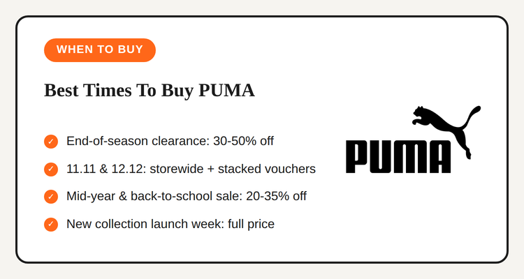 Best times to buy PUMA Philippines: end-of-season clearance 30 to 50 percent off, 11.11 and 12.12 storewide markdowns, mid-year and back-to-school sale, new collection launch week is full price