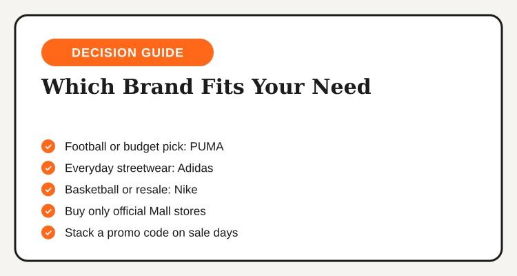 PUMA vs Adidas vs Nike Philippines decision checklist by shopping priority