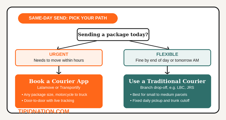 Same-day send decision flow: urgent packages go to a courier app like Lalamove or Transportify, flexible packages go to a traditional courier branch drop-off