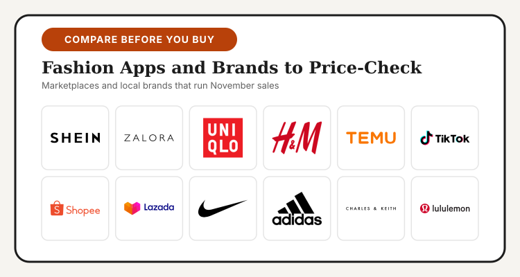 Logos of SHEIN, ZALORA, UNIQLO, H&M, Temu, TikTok Shop, Shopee, Lazada, Nike, adidas, CHARLES & KEITH and lululemon