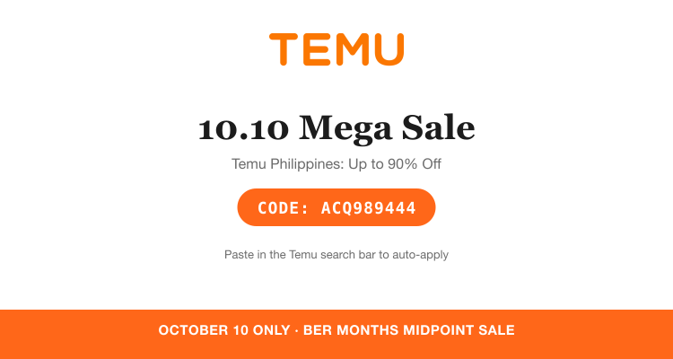 Temu 10.10 Mega Sale Philippines coupon code acq989444, up to 90% off