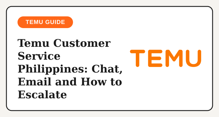 Temu customer service Philippines guide card with the Temu logo