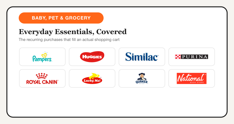 Baby, pet, and grocery brands added to TipidNation: Pampers, Huggies, Similac, Purina, Royal Canin, Lucky Me, Quaker, National Book Store