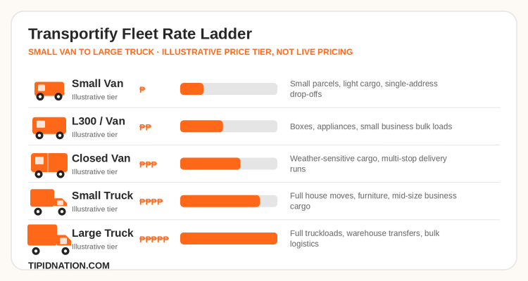Transportify fleet rate ladder from small van to large truck, with typical cargo use case per tier