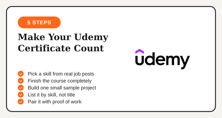 Steps to make a Udemy certificate count: pick a specific skill, finish one course fully, build a sample project, list it by skill, pair with proof of work