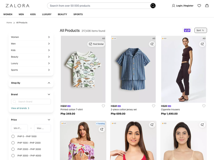 ZALORA All Products page showing 217,436 items found with price and brand filters