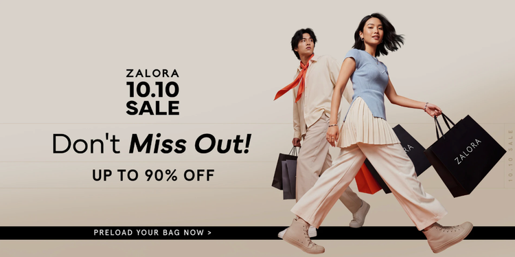 ZALORA 10.10 Sale banner, up to 90% off, preload your bag now