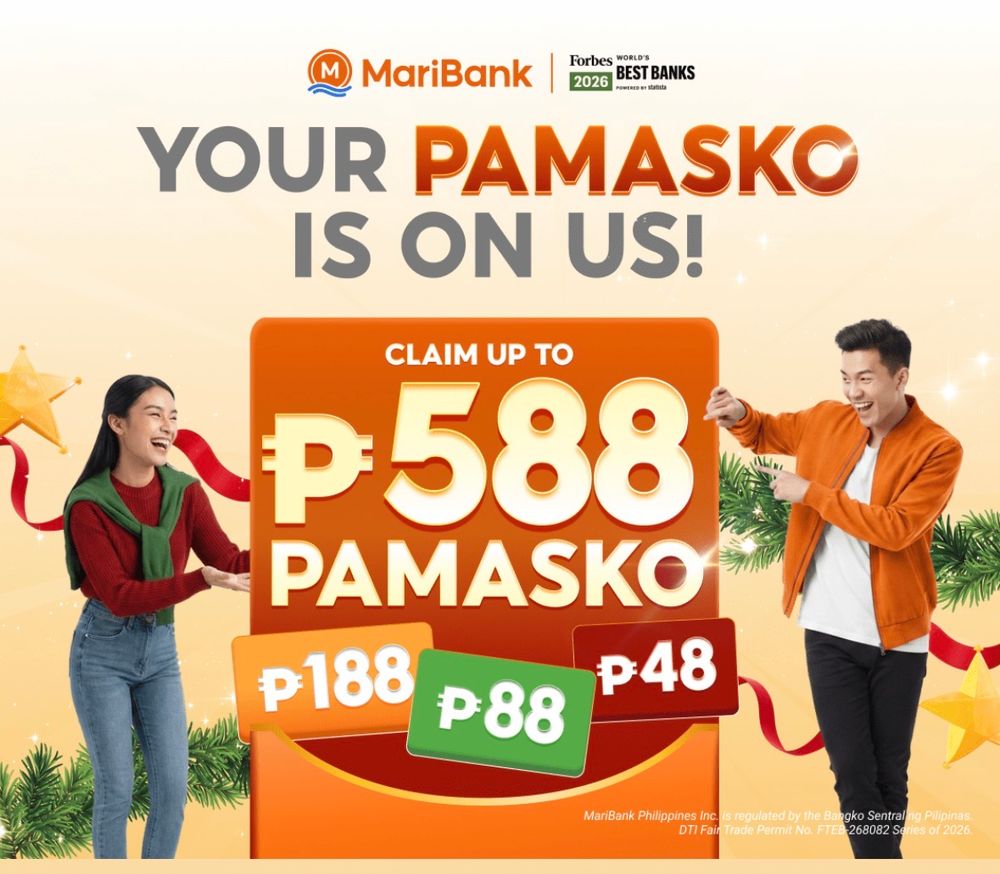 MariBank Your Pamasko is on Us poster showing the up to ₱588 reward and the ₱188, ₱88 and ₱48 tiers