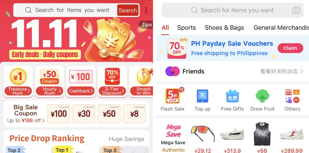 Pinduoduo app screens showing 11.11 early deals with daily coupons and the PH Payday Sale Vouchers banner with free shipping to the Philippines
