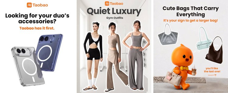 Phone cases, gym outfits, and bags available on Taobao