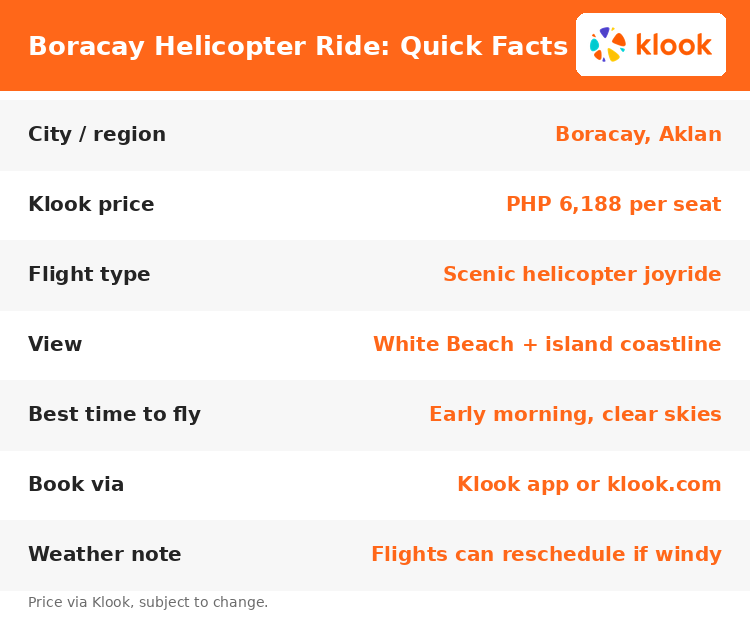 Boracay Helicopter Ride quick facts: price, flight type, best time to fly, and booking method