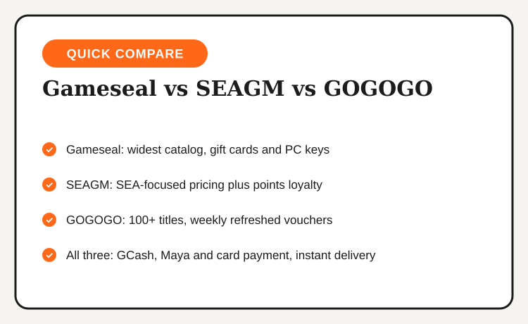 Quick comparison of Gameseal, SEAGM, and GOGOGO on catalog, pricing approach, and payment methods