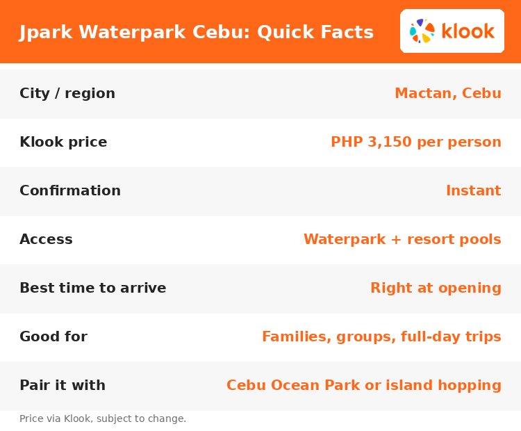 Jpark Waterpark Cebu day pass quick facts: price, location, confirmation type