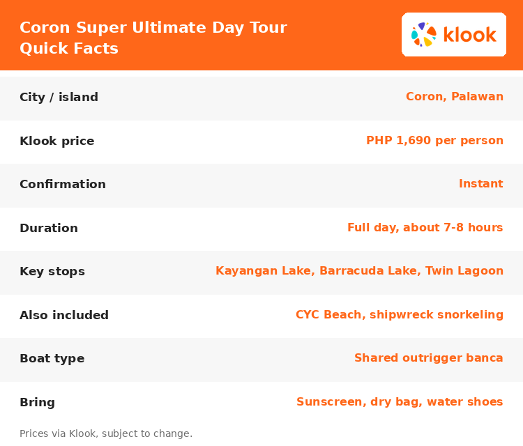 Coron Super Ultimate Day Tour quick facts: price, stops, duration, and what to bring
