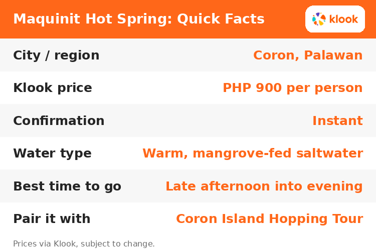 Maquinit Hot Spring Coron quick facts: price, water type, best time to visit