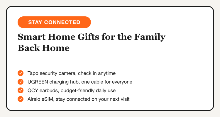 Smart home and travel gifts for OFWs: Tapo camera, UGREEN charging hub, QCY earbuds, Airalo eSIM