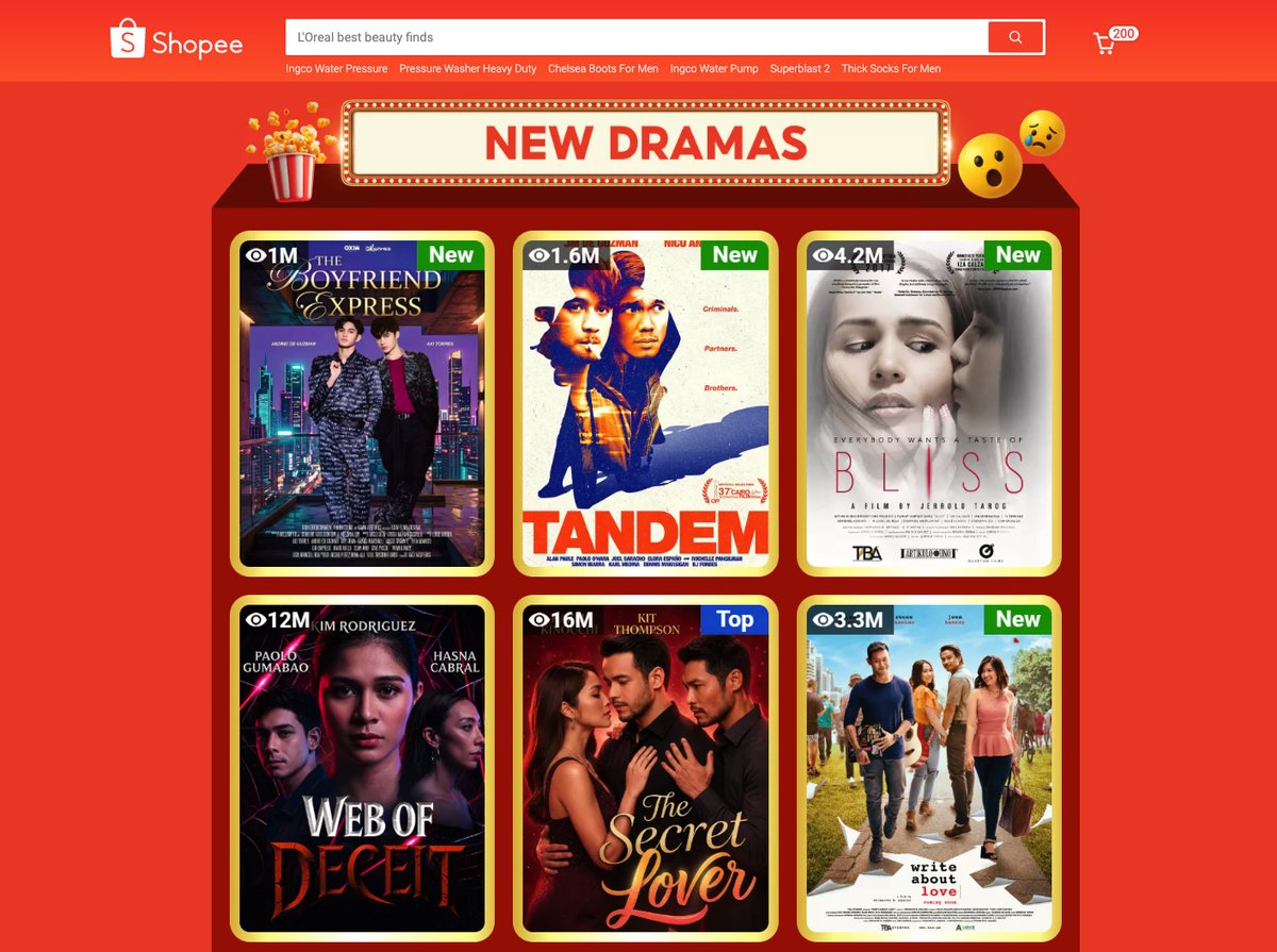Shopee New Dramas page featuring The Boyfriend Express, Tandem, Bliss, Web of Deceit, The Secret Lover, and Write About Love